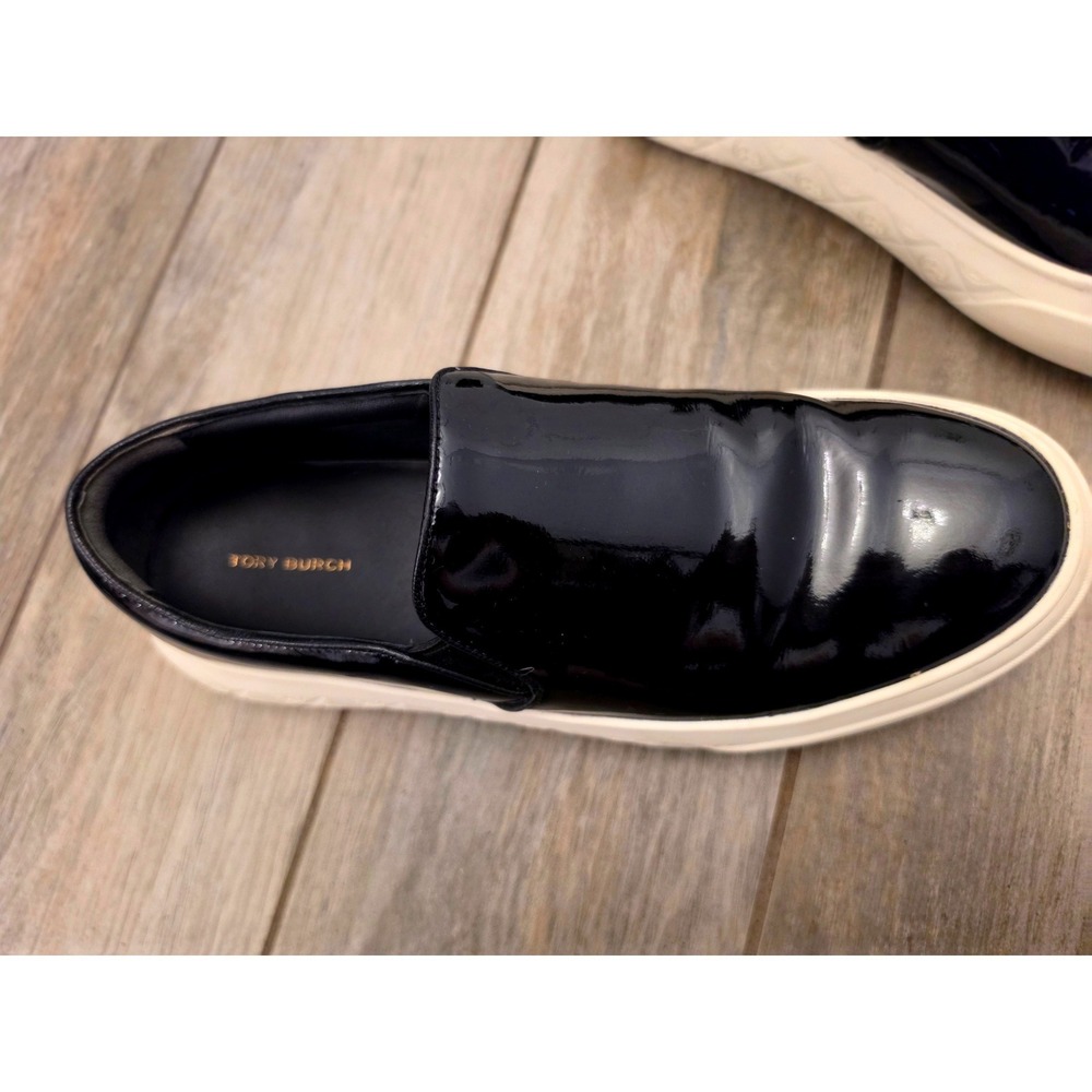 Tory Burch Black Patent Leather Slip On Platform Sneakers Logo Midsole - Picture 4 of 11